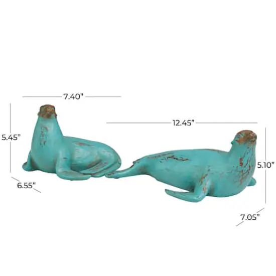 Teal Polystone Distressed Sea Lion Sculpture Set {9}