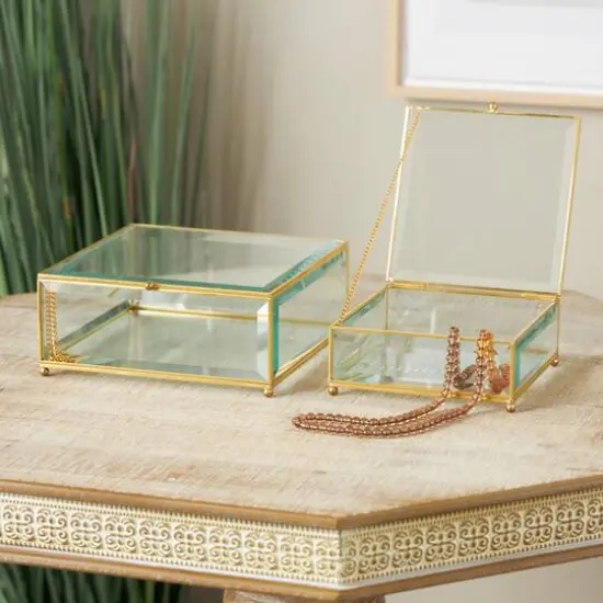 Clear & Gold Beveled Glass & Metal Square Footed Jewelry Box with Chain Accent Set {9}