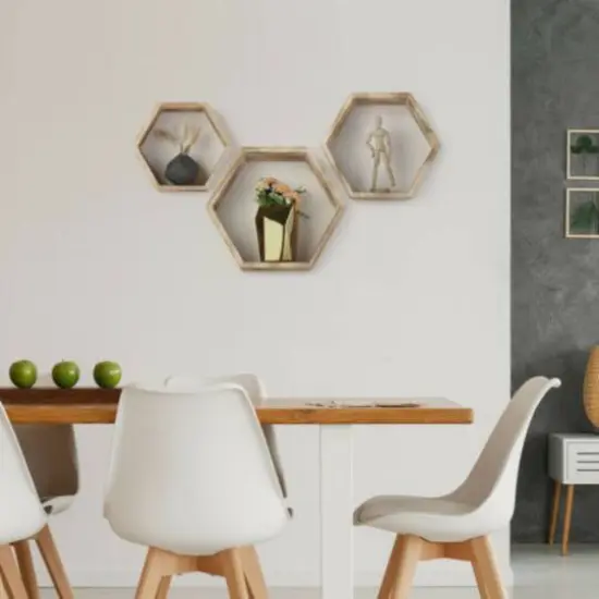 Rustic Brown Floating Hexagonal Shelf Set {7}
