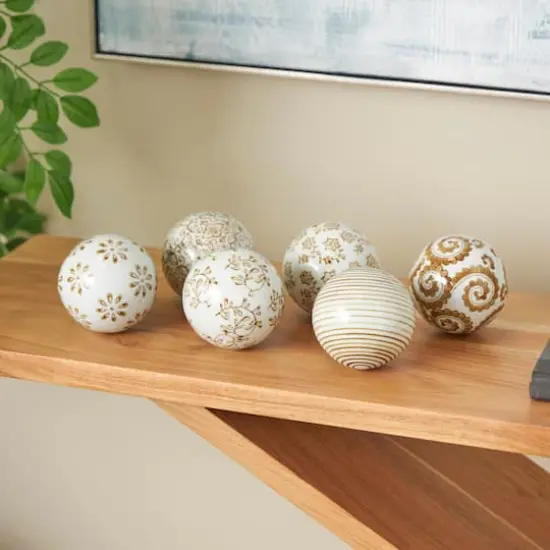 3.5" White & Brown Floral Ceramic Decorative Ball Orbs Set {8}
