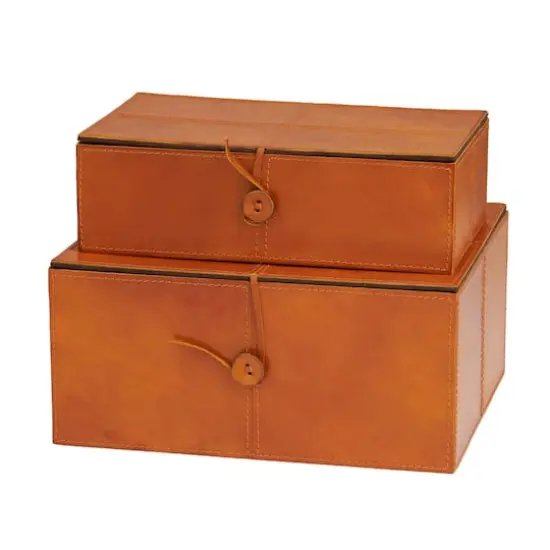 Leather Storage Box with Leather Loop Closure Set Light Brown {1}