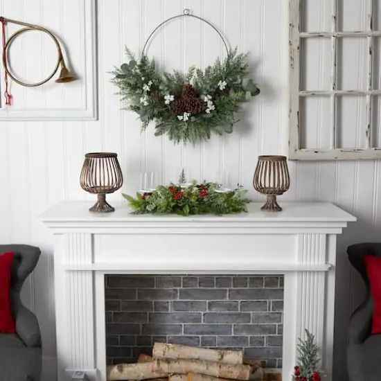 20" Winter Greenery & Berries Triple Candle Holder Christmas Table Arrangement {5}