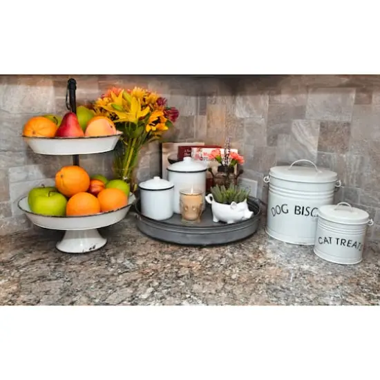 Hello Honey&reg; 17" White Distressed 2-Tier Enameled Metal Tray {8}