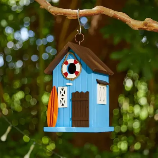 Glitzhome&reg; 10" Modern Blue Wood Beach Hut Birdhouse {3}