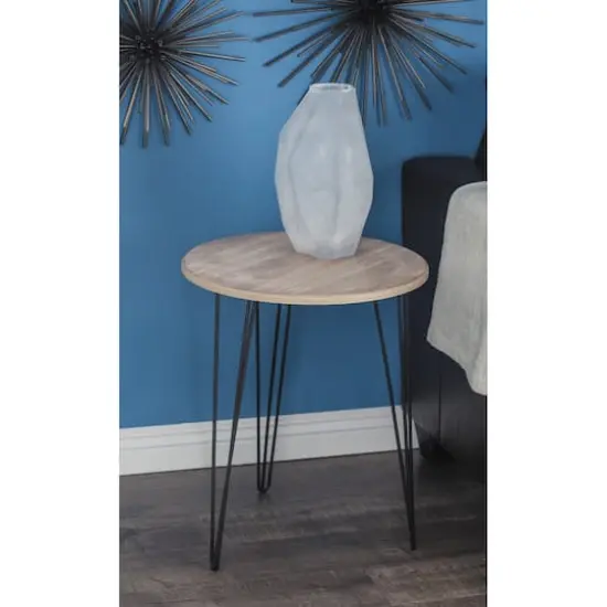 22'' Brown Wood & Black Metal Modern Accent Table {5}