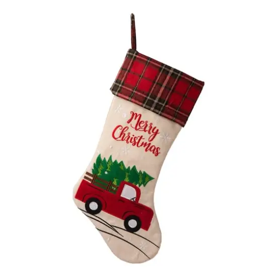 Glitzhome&reg; 21" Embroidered Red Truck Linen Christmas Stocking {1}