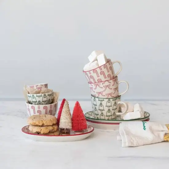 Hello Honey&reg; Red, Green & Cream Hand-Stamped Holiday Icon Stoneware Nesting Bowl Set {3}