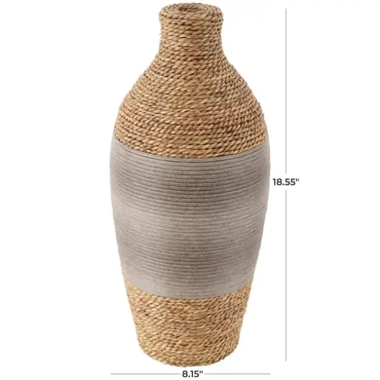 19" Brown Seagrass Handmade Wrapped Vase with Layered Gray Paneling {4}