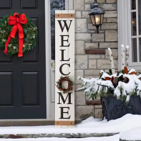 Glitzhome® 5ft. White Welcome Wood Porch Sign with 4 Changeable Wreaths {3}