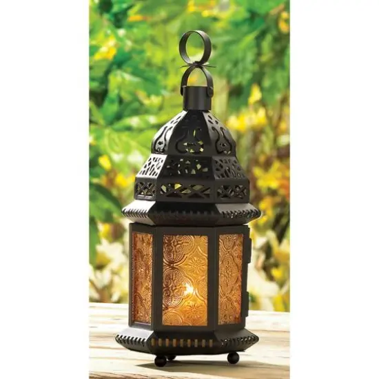 10" Black Moroccan Style Hanging Candle Lantern with Etched Yellow Glass {5}