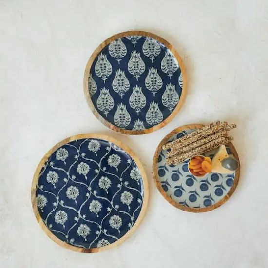 Hello Honey&reg; Blue Floral Enameled Round Mango Wood Tray Set {3}