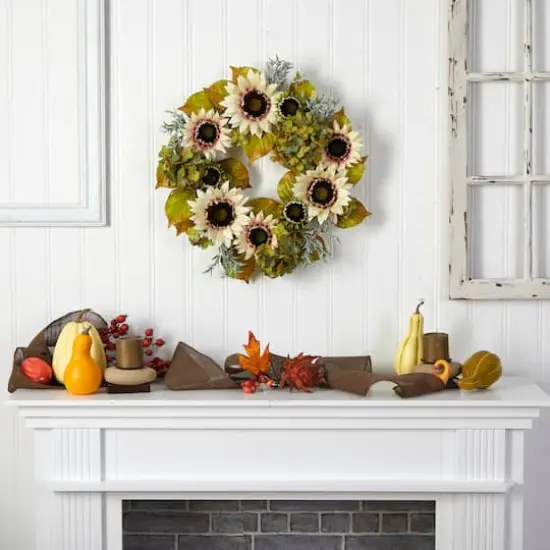 24" White Sunflower & Hydrangea Artificial Autumn Wreath {5}