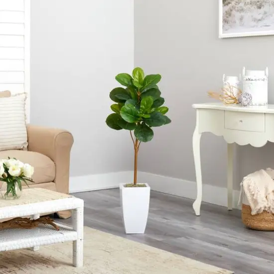 45" Fiddle Leaf Tree in White Metal Planter {5}