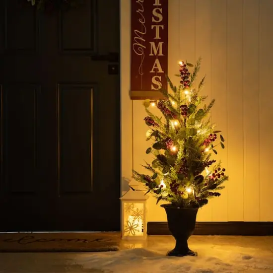 3ft. Pre-Lit Pine Needle & Eucalyptus Leaf Artificial Urn Christmas Porch Tree, Warm White LED Lights {4}