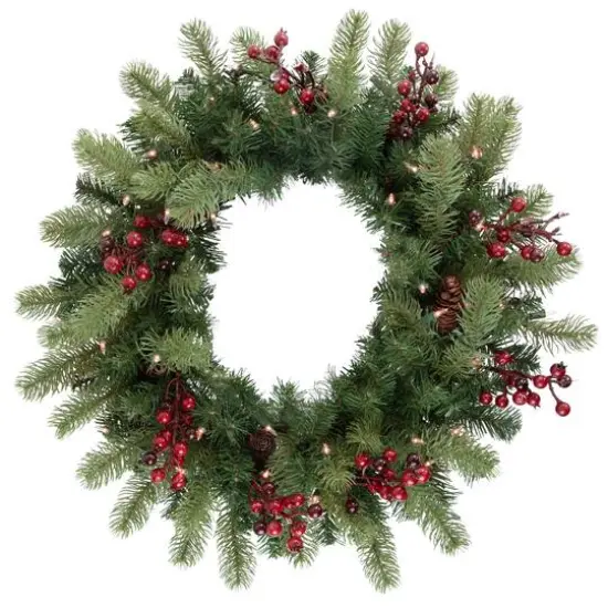 24" Pre-lit Noble Fir with Red Berries & Pinecones Artificial Christmas Wreath {1}