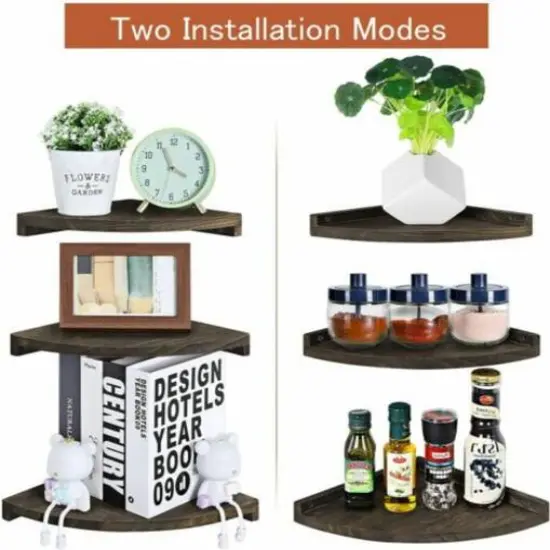 Brown Rustic Floating Corner Wall Shelf Set {5}