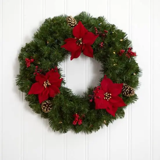 24" White LED Lights Poinsettia, Berry & Pinecone Artificial Wreath {6}