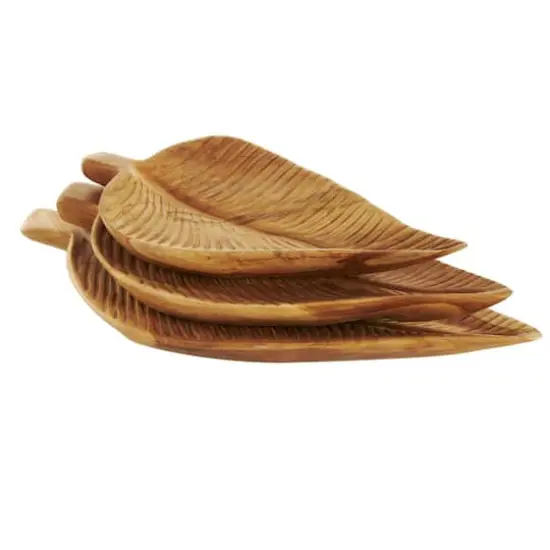 Brown Teak Wood Leaf Handmade Carved Texture Tray Set {4}