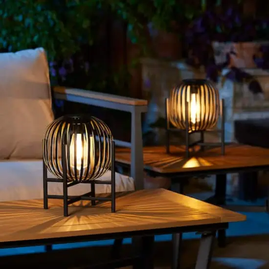 Glitzhome&reg; 11.5" Black Slim Metal Stripes Solar Powered Edison Bulb Outdoor Lantern, 2ct. {4}