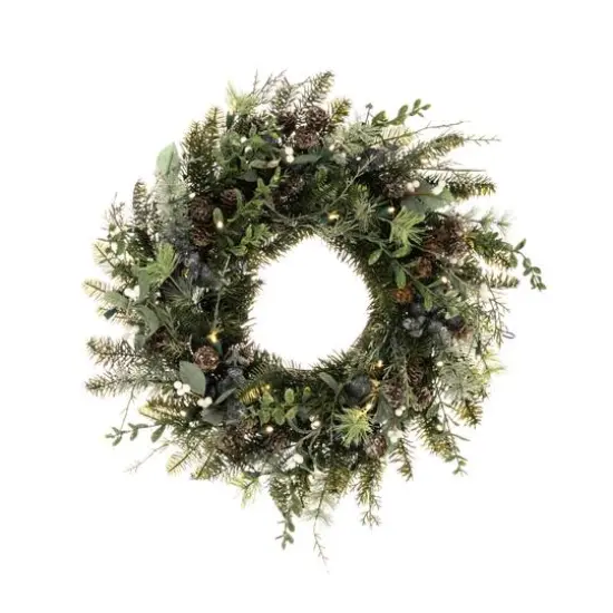 Village Lighting 24" Pre-Lit Rustic White Berry Christmas Wreath, Clear LED Lights {4}
