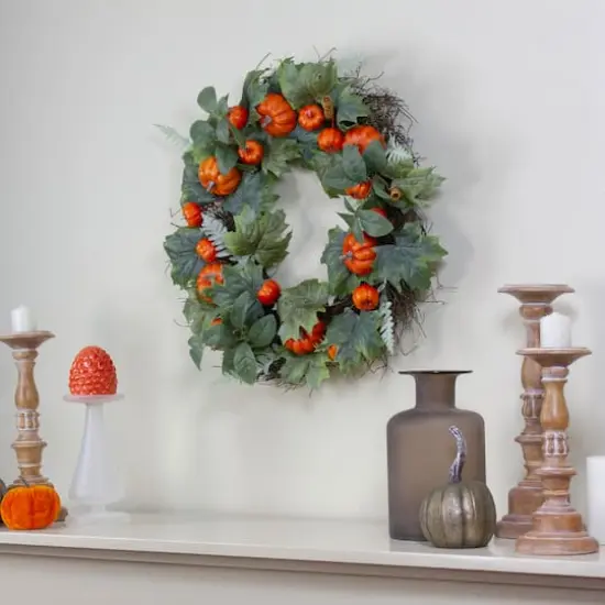 24'' Maple & Fern Leaves w/ Orange Pumpkins Artificial Wreath {3}