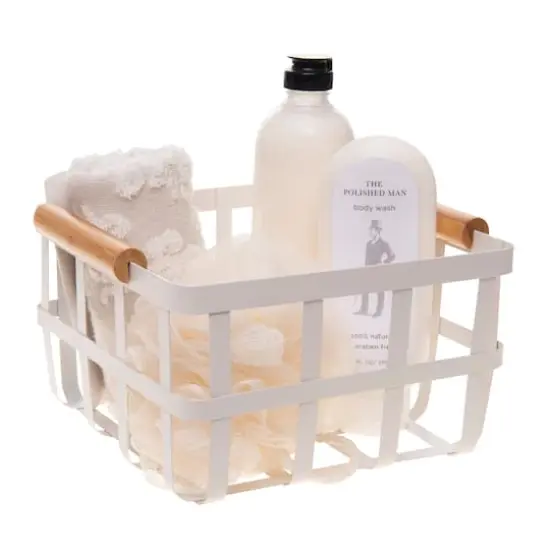 Simplify Small Square White Metal Basket with Bamboo Handles {3}