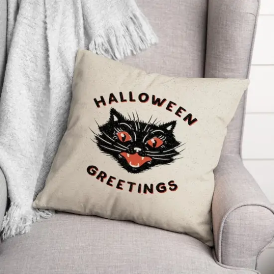 Retro Black Cat Halloween Greetings Throw Pillow {4}