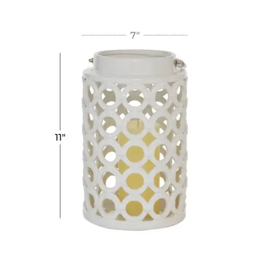 White Ceramic Contemporary Candle Holder Lantern, 11" x 7" x 8" {7}