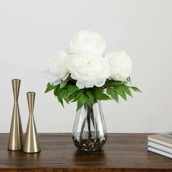 16" White Peony Arrangement in Glass Vase {3}