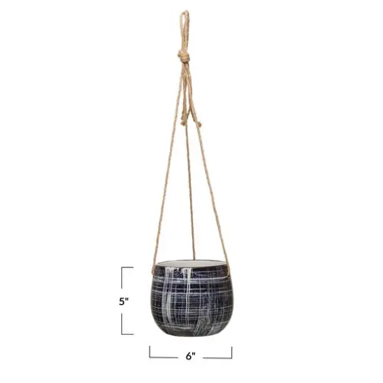 Hello Honey&reg; 5" Blue Pattern Hanging Stoneware Planter with Jute Hanger {6}