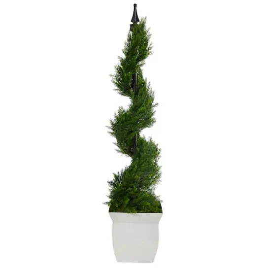 4ft. Spiral Cypress Topiary in White Metal Planter {1}