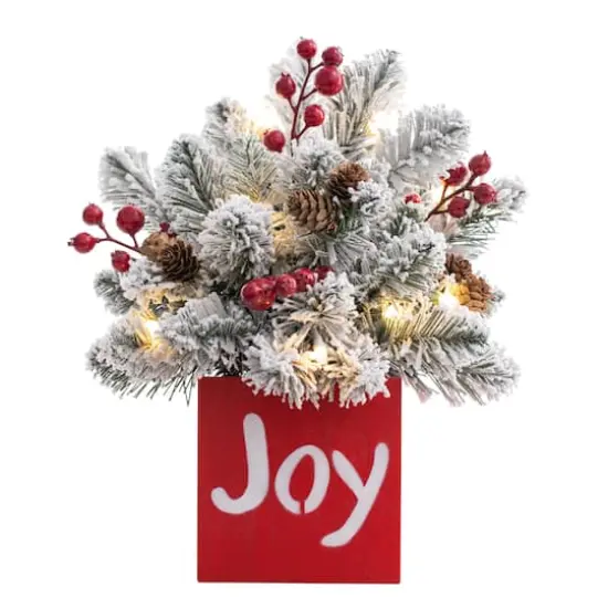 14" LED Joy Frosted Greenery In Red Wood Container {1}