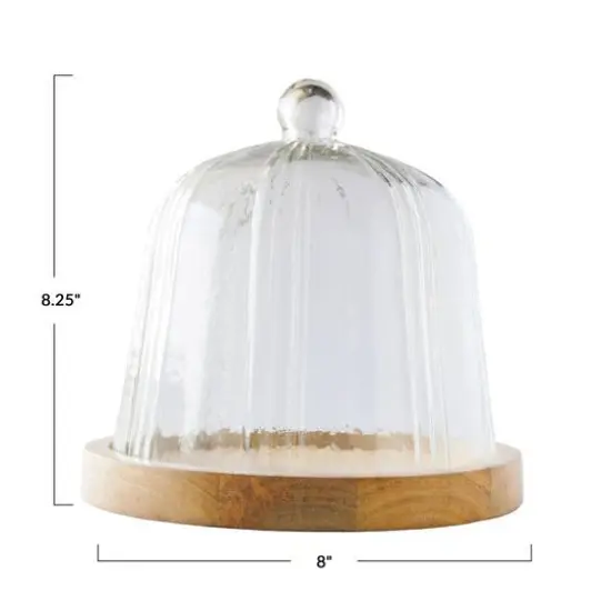 Hello Honey® 8" Clear Round Reclaimed Glass Cloche with Mango Wood Base {4}