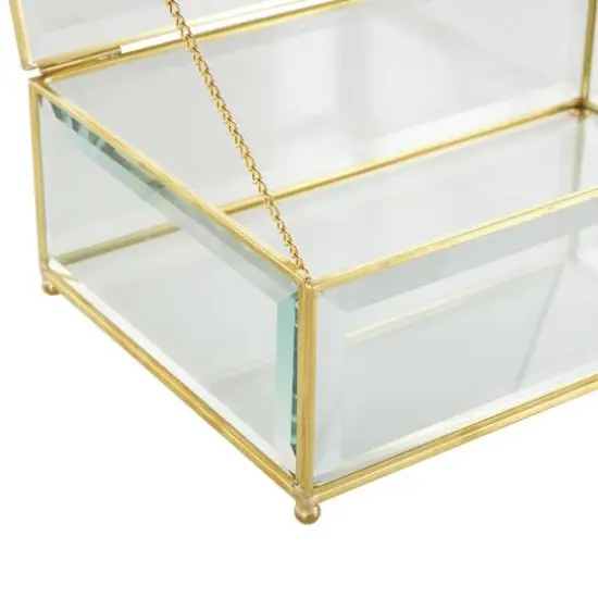 Clear & Gold Beveled Glass & Metal Rectangle Footed Jewelry Box with Chain Accent Set {7}