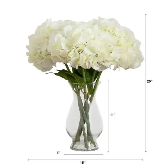 20" White Artificial Hydrangea Arrangement in Glass Vase {8}