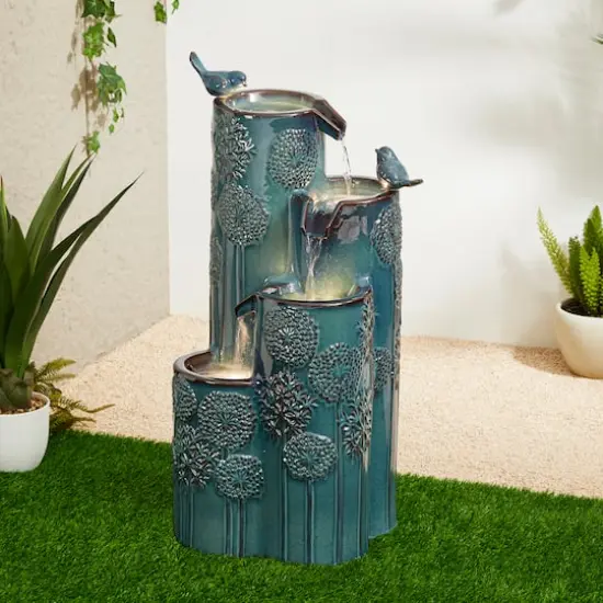 Glitzhome&reg; 31.75" Turquoise 4-Tier Dandelion Texture Vase-Shaped Ceramic Outdoor Fountain with LED Light {3}