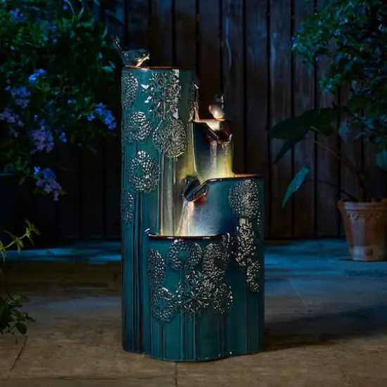Glitzhome&reg; 31.75" Turquoise 4-Tier Dandelion Texture Vase-Shaped Ceramic Outdoor Fountain with LED Light {5}