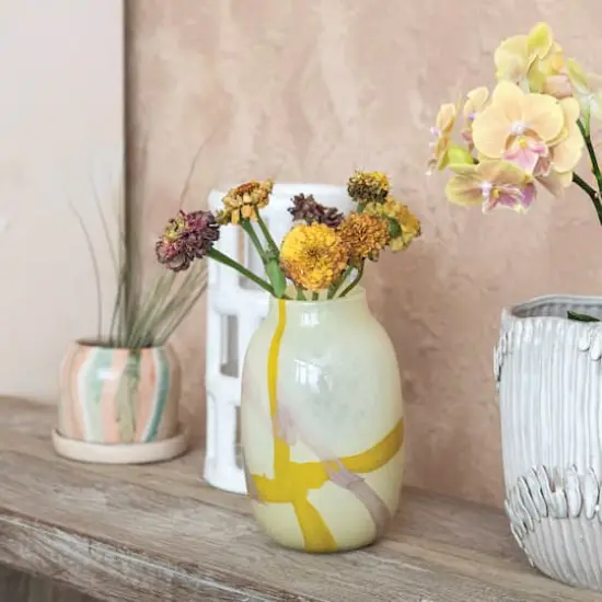 Hello Honey&reg; 9.5" Yellow & Purple Decorative Glass Vase with Abstract Design {4}