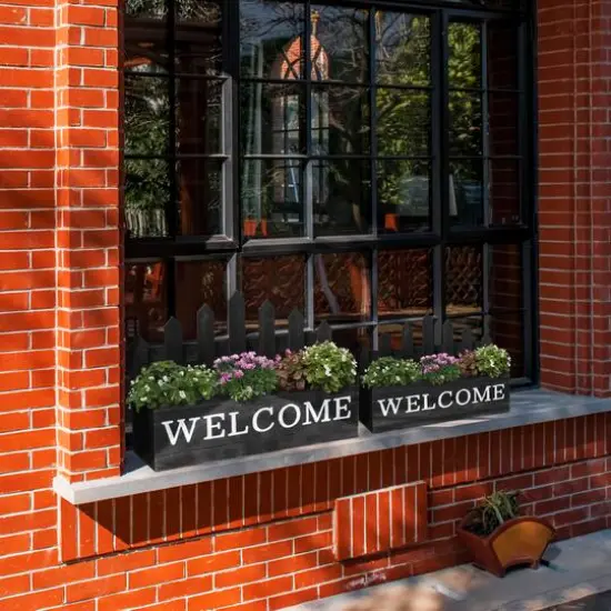 Glitzhome&reg; Black Wood WELCOME Fence-Inspired Planter Stand Set {5}