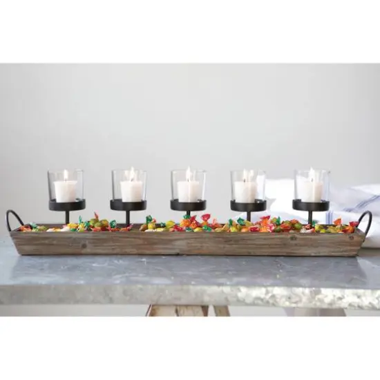 Hello Honey&reg; 5 Metal Votive Candle Holders in Rectangle Wood Tray {4}