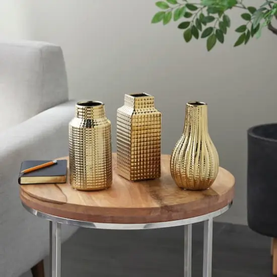 8" Gold Ceramic Geometric Dimensional Textured Vase Set with Grid Patterns {3}