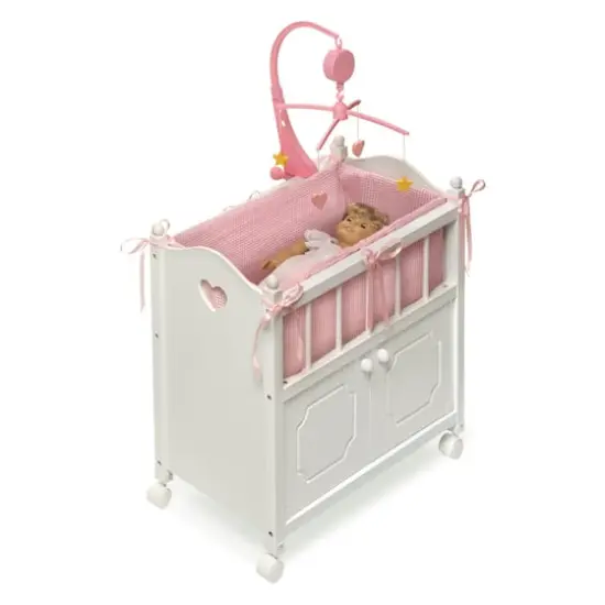 Badger Basket White & Pink Cabinet Doll Crib with Gingham Bedding {6}