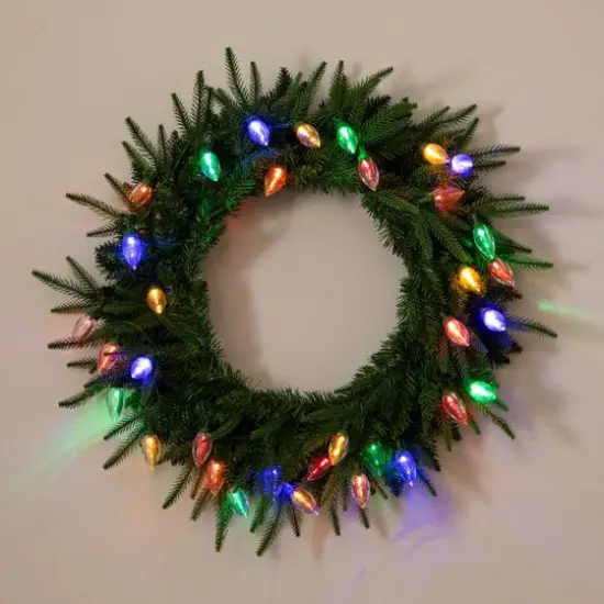 24in. Pre-Lit Artificial Luxembourg Pine Christmas Wreath with 35 Multicolored Traditional Bulb LED Lights {6}