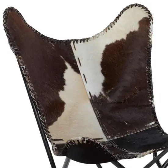 White Cow Hide Leather and Iron Rustic Accent Chair, 36" x 29" x 30" {4}