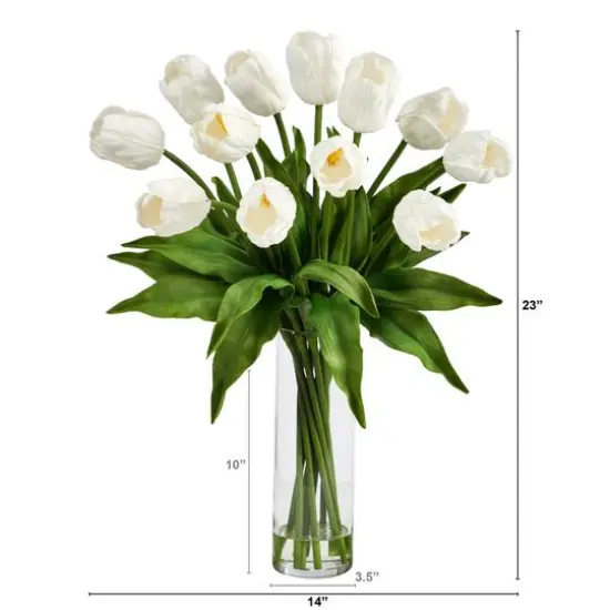 23" Artificial Tulip Arrangement with Cylinder Glass Vase White {3}