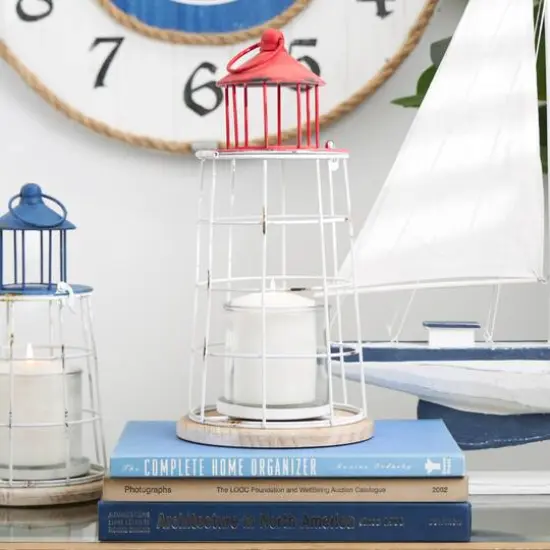 15" Red Metal Distressed Decorative Light House Candle Lantern {10}