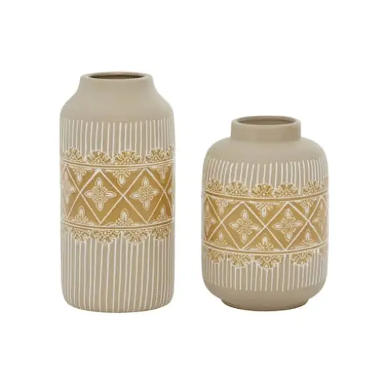 Set of 2 Beige Ceramic Boho Style Vase 9", 11" {3}