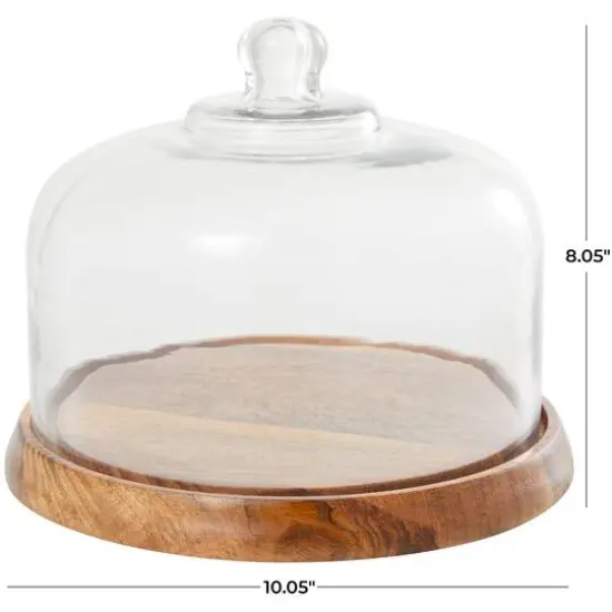 10" Brown Mango Wood Decorative Cake Stand with Glass Cloche {6}