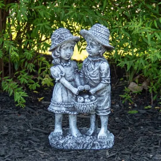13" Boy & Girl Apple Picking Outdoor Garden Statue {3}