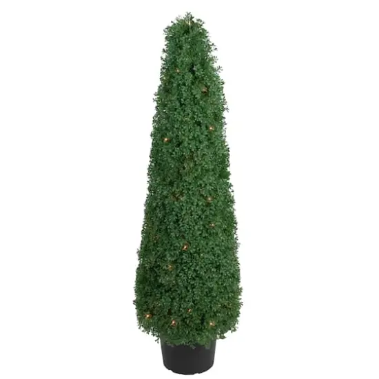 4ft. Pre-Lit Artificial Boxwood Cone Topiary Tree with Round Pot, Clear Lights {1}